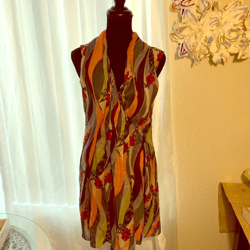 Elizabeth and James Cotton and Silk Dress in Orange, Green, Brown